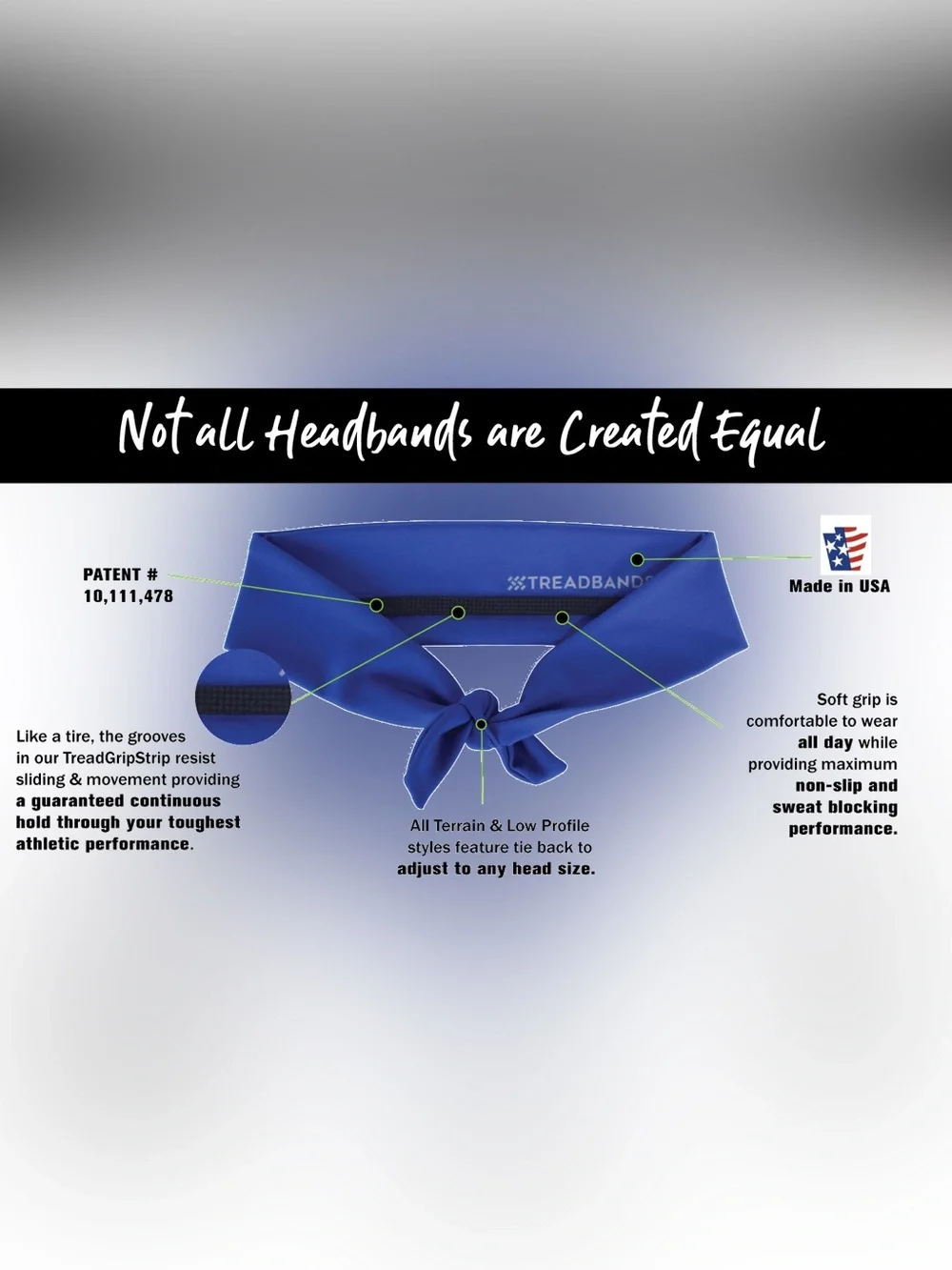 TreadBands ®All-Terrain Tieback Non-Slip Headbands- Choice of Sunflower or Black